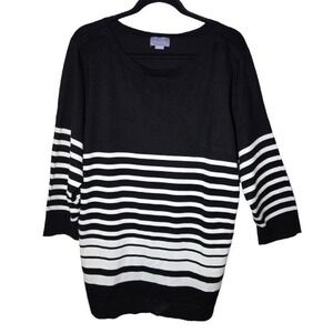 Laura Scott Black White Striped 3/4-Sleeve Boat Neck Pullover Sweater 3X